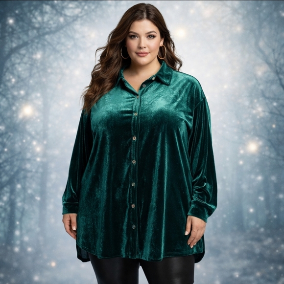 Catherines Tops - New Emerald Green Velvet Tunic Top Long Sleeves Button Up NWOT Sz 3X